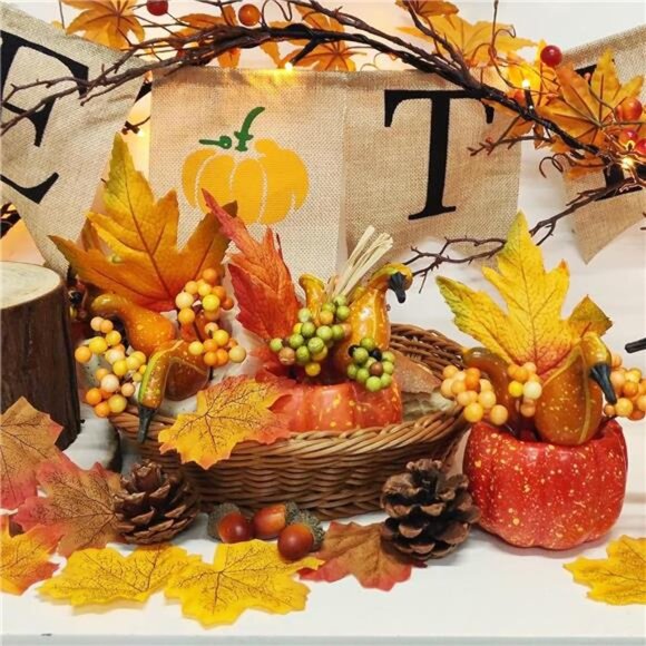 Set of 6 Artificial Pumpkin &‎ Pine Cone Decor - Thanksgiving Harvest Tabletop - Picture 2 of 7